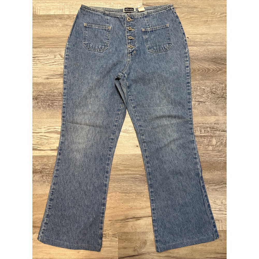 Vtg Button fly Women Wide Leg Bareback Medium Wash Retro Y2K 90s Rave Jeans 11